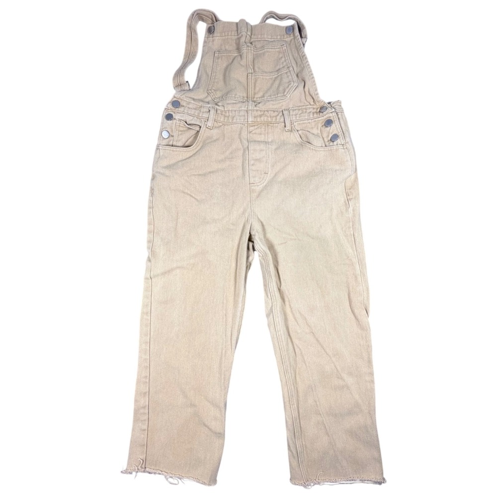 Anrabess Womens Tan Denim Style Bib Overalls Raw Hem Straight Leg Khaki Size M